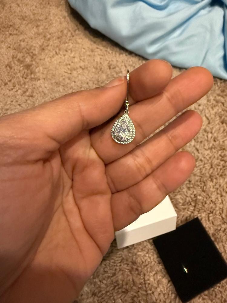 Customer photo review of Aurelia 18k White Gold Plated Tear Drop Earrings with Simulated Diamond Crystals