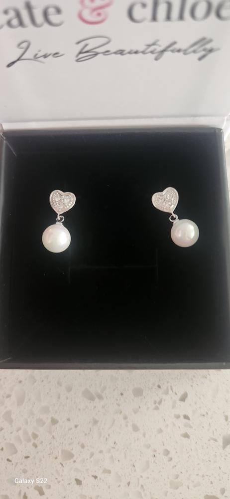 Customer photo review of Kenley 18k White Gold Plated Heart Dangle Earrings with Pearls and Swarovski Crystals - Fab Fav