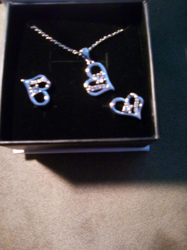 Customer photo review of Kara 18k White Gold Plated Silver Heart Necklace and Earring Set with Swarovski Crystals