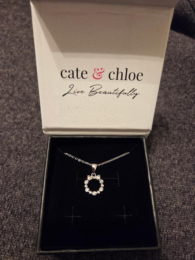 Customer photo review of Edith 18k White Gold Plated Silver Ribbon Necklace with Swarovski Crystals