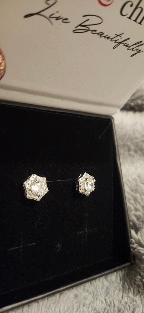 Customer photo review of Poppy 18k White Gold Plated Stud Earrings with Simulated Diamond Crystals