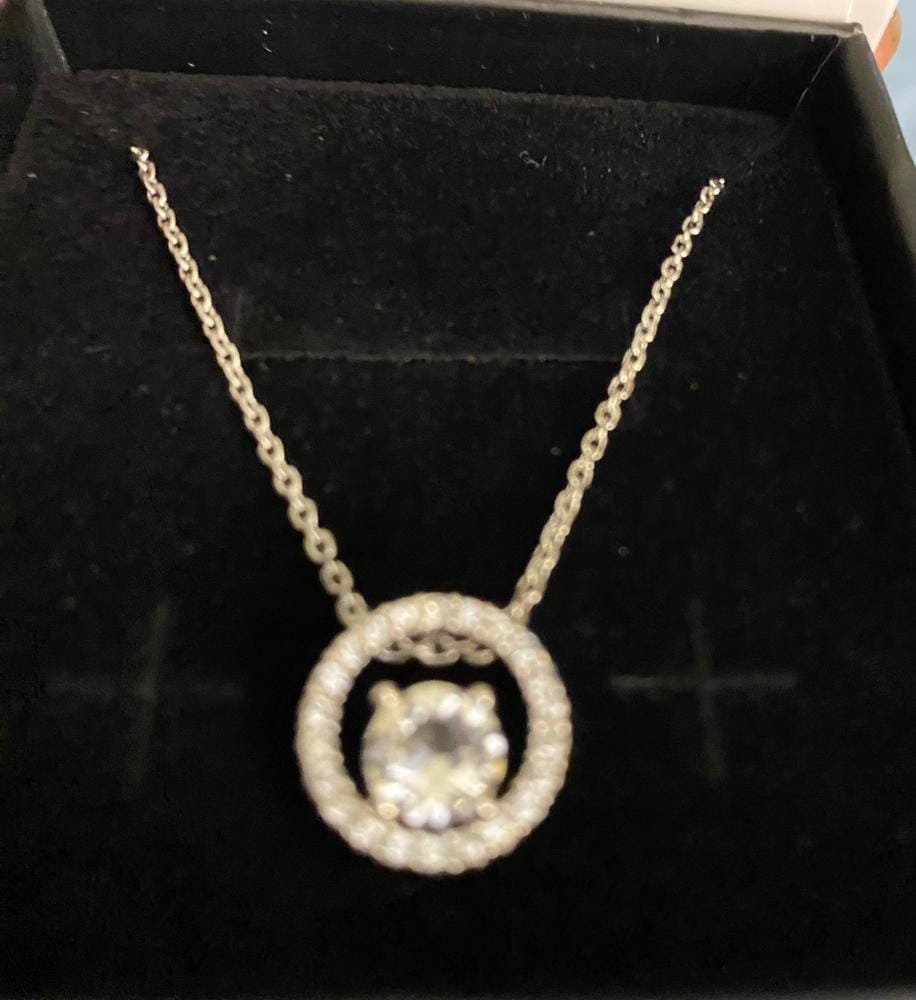 Customer photo review of Reign 18k White Gold Plated Halo Necklace with Swarovski Crystals