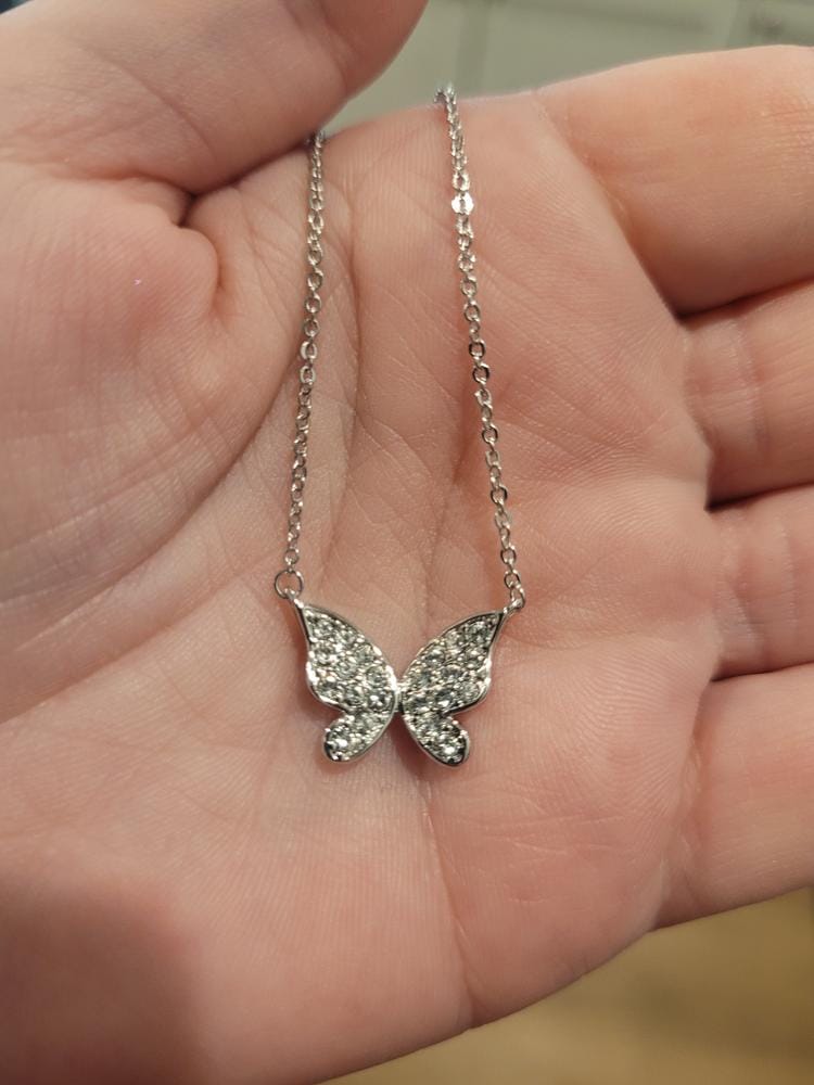 Customer photo review of Yuenen 18k White Gold Plated Butterfly Necklace with Swarovski Crystals & Heartfelt Message for Daughter