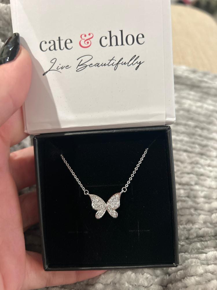 Customer photo review of Yuenen 18k White Gold Plated Butterfly Necklace with Swarovski Crystals & Heartfelt Message for Daughter