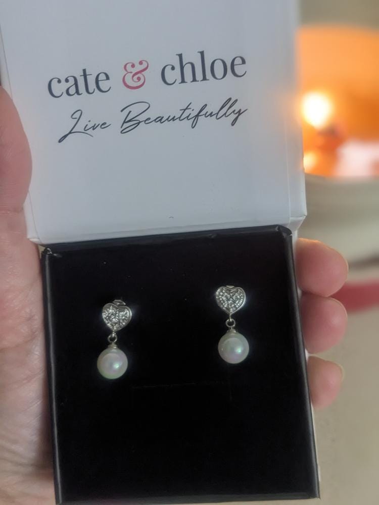 Customer photo review of Kenley 18k White Gold Plated Heart Dangle Earrings with Pearls and Swarovski Crystals - Fab Fav
