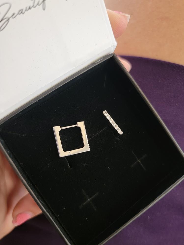 Customer photo review of Sydney 18k White Gold Plated 14mm Square Hoop Earrings with Swarovski Crystals