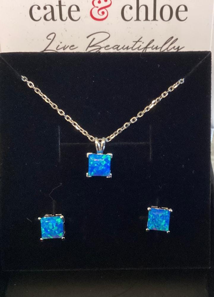 Customer photo review of Amphitrite 18k White Gold Plated Stud Earring and Necklace Set with Princess Cut Opal Stones