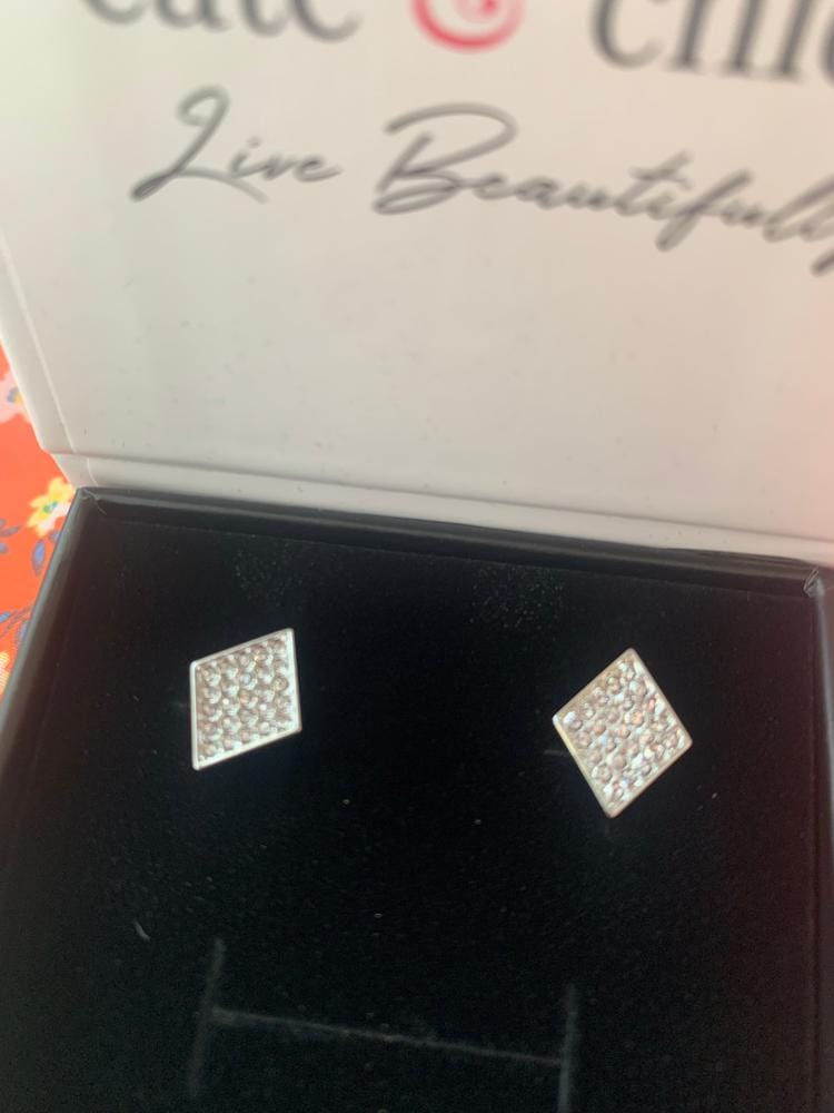 Customer photo review of Lennon 18k White Gold Plated Diamond Shaped Stud Earrings with Swarovski Crystals
