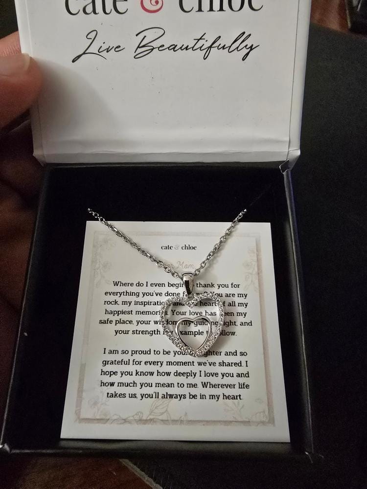 Customer photo review of Amorette 18k White Gold Plated Double Heart Pendant Necklace with Simulated Diamond Crystals & Heartfelt Message for Mom