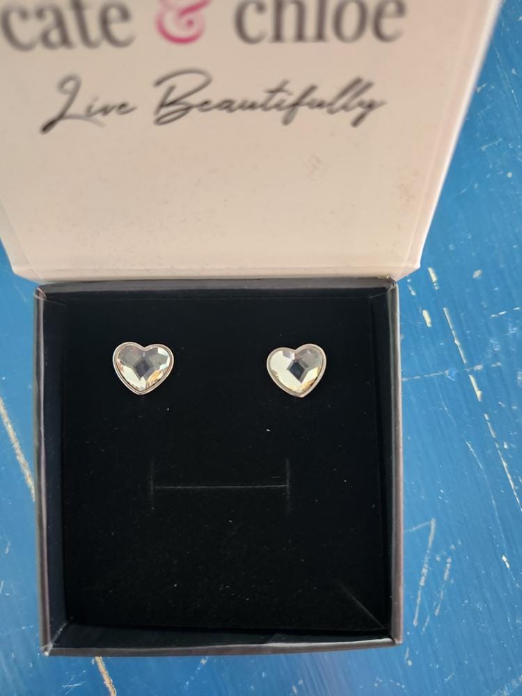 Customer photo review of Violet 18k White Gold Plated Heart Stud Earrings with Swarovski Crystals - Final Sale