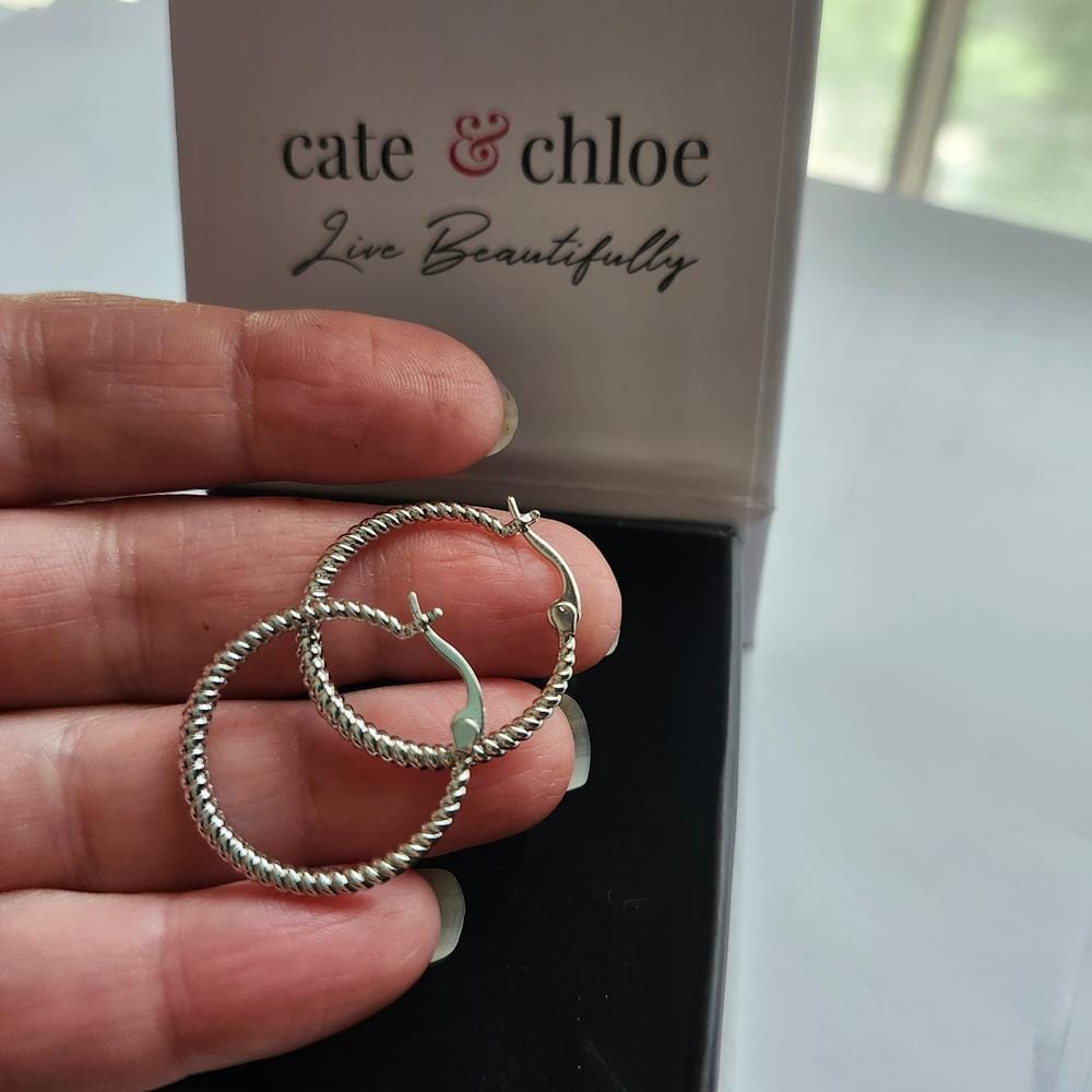 Customer photo review of Matilda 18k White Gold Plated 25mm Twisted Hoop Earrings