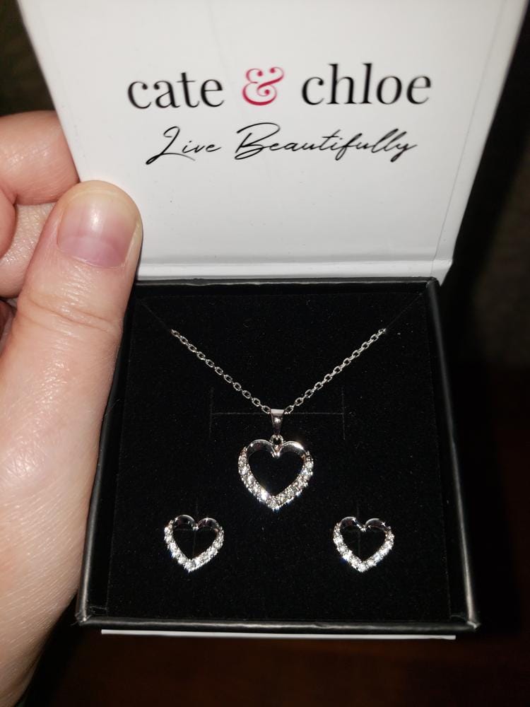 Customer photo review of Chelsea 18k White Gold Plated Silver Heart Necklace and Earring Set with Swarovski Crystals