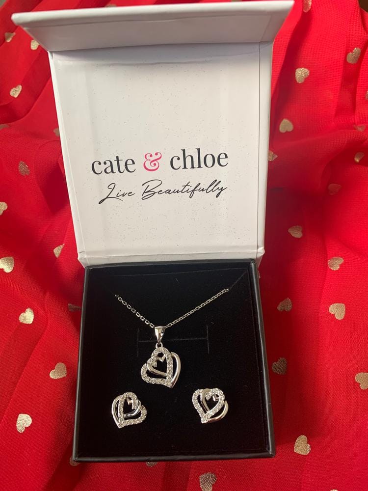 Customer photo review of Angela 18k White Gold Plated Double Heart Stud Earrings and Necklace Set with Swarovski Crystals