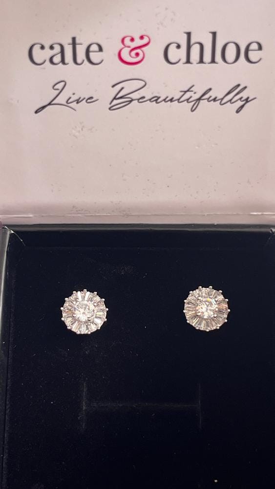 Customer photo review of Ellee 18k White Gold Plated Stud Earrings with Simulated Diamond Crystals