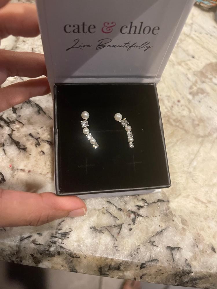 Customer photo review of Juniper 18k White Gold Wrap Earrings White Beads with Swarovski Crystals — Final Sale