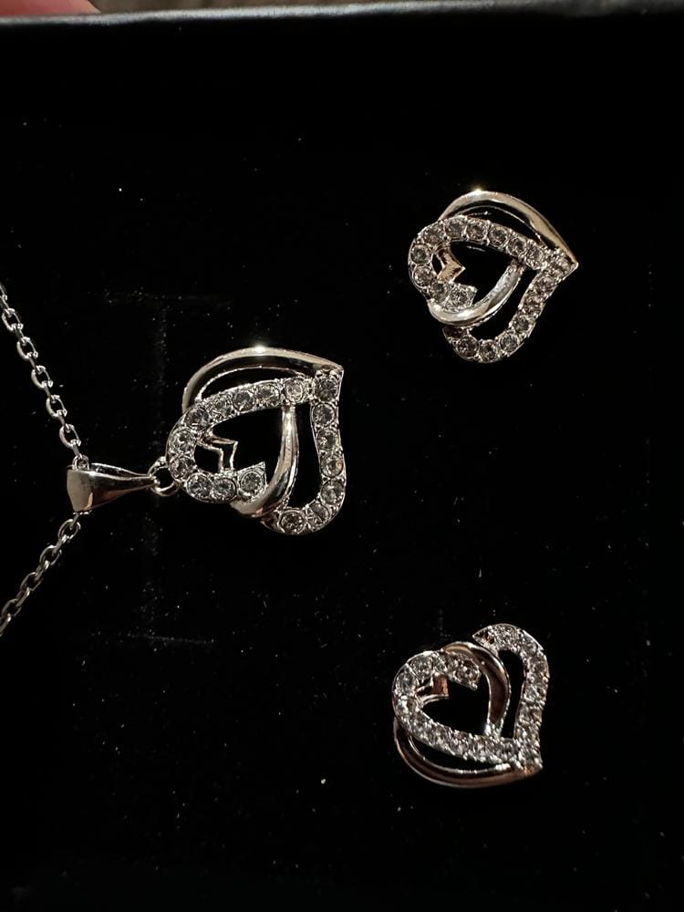 Customer photo review of Angela 18k White Gold Plated Double Heart Stud Earrings and Necklace Set with Swarovski Crystals