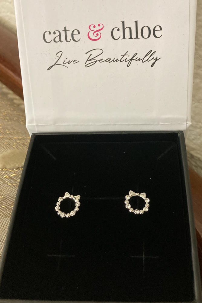 Customer photo review of Edith 18k White Gold Plated Silver Ribbon Stud Earrings with Swarovski Crystals