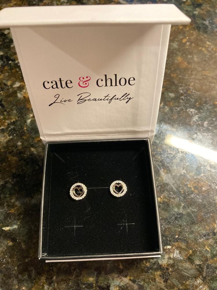 Customer photo review of Khaleesi 18k White Gold Plated Silver Heart Stud Earrings with Swarovski Crystals