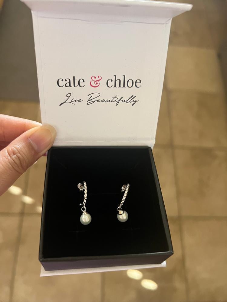 Customer photo review of Cheyanne 18k White Gold Plated 16mm Twisted Half Hoop Drop Pearl Earrings