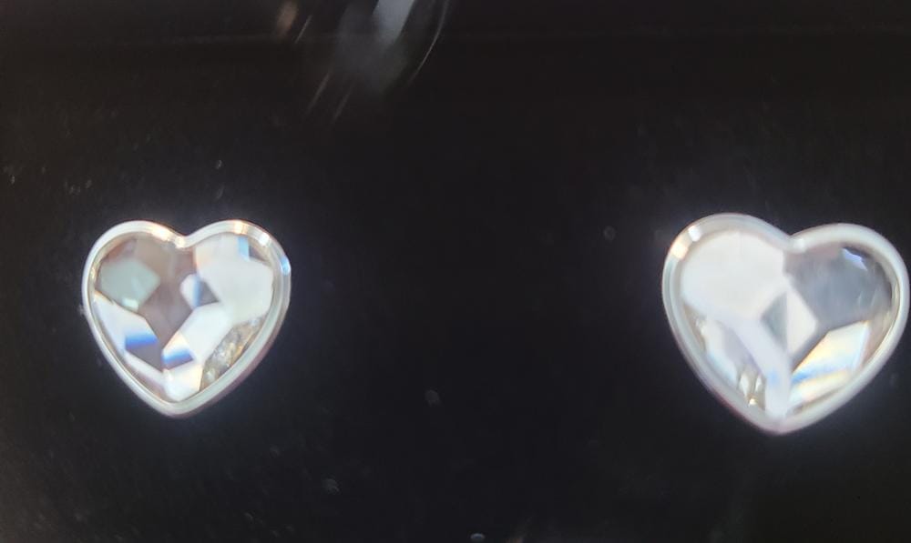 Customer photo review of Violet 18k White Gold Plated Heart Stud Earrings with Swarovski Crystals - Final Sale