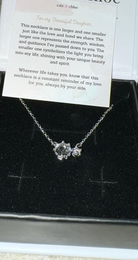 Customer photo review of Emma 18k White Gold Plated 2-Stone Pendant Necklace with Swarovski Crystals & Heartfelt Message for Daughter