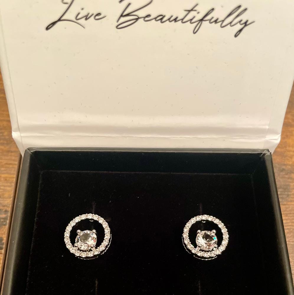 Customer photo review of Reign 18k White Gold Plated Halo Drop Stud Earrings with Swarovski Crystals