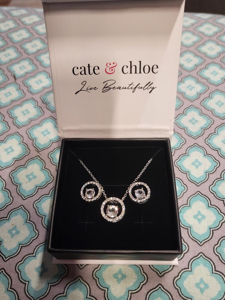 Customer photo review of Reign 18k White Gold Plated Halo Drop Stud Earrings with Swarovski Crystals