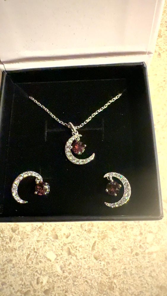 Customer photo review of Luna Birthstone Necklace 18k White Gold Plated Crescent Pendant Necklace with Round Cut Swarovski Crystals