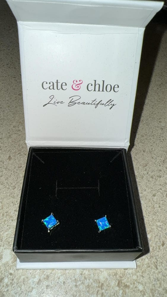 Customer photo review of Amphitrite 18k White Gold Plated Stud Earrings with Princess Cut Opal Stones