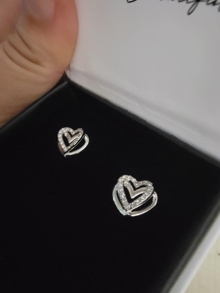 Customer photo review of Coraline 18k White Gold Plated Silver Heart Stud Earrings with Simulated Diamond Crystals