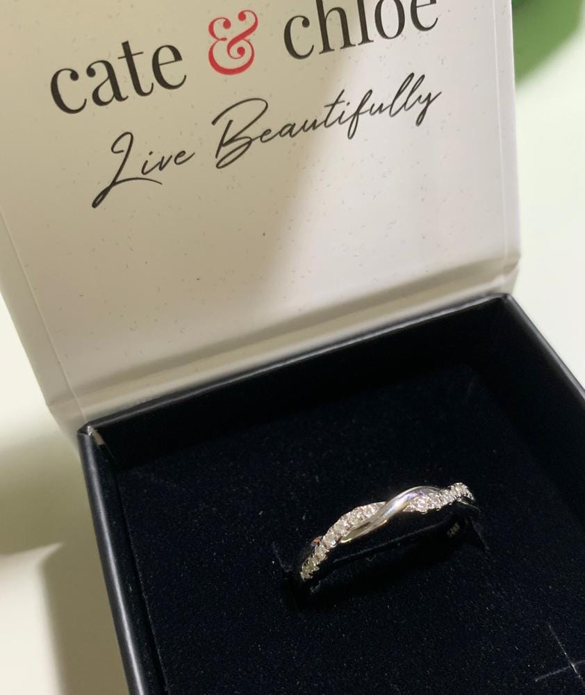 Customer photo review of Moissanite by Cate & Chloe Avery 0.21tcw Round Cut 925 Sterling Silver 18k White Gold Plated Wedding Band