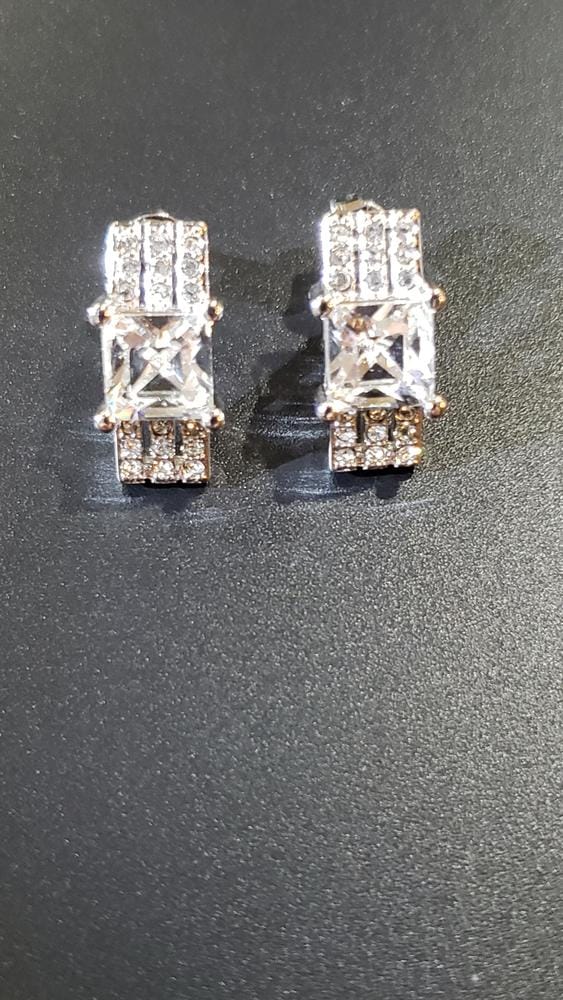 Customer photo review of Fiona 18k White Gold Stud Plated Earrings with Princess Cut Swarovski Crystals