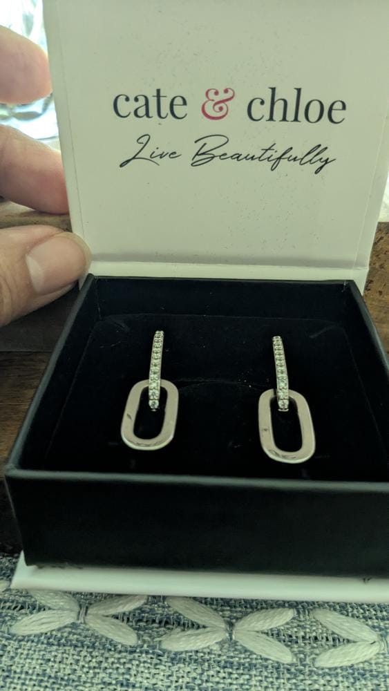 Customer photo review of Remington 18k White Gold Plated Dangle Chain Link Earrings with Swarovski Crystals
