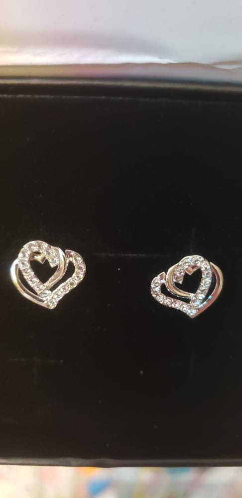 Customer photo review of Angela 18k White Gold Plated Silver Double Heart Stud Earrings with Swarovski Crystals