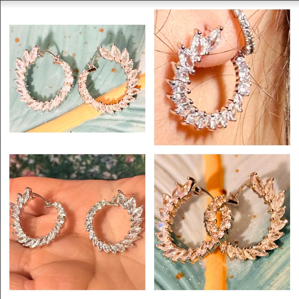 Customer photo review of Adelyn 18k Gold Plated Sideways Hoop Earrings with Simulated Diamond Crystals — Final Sale