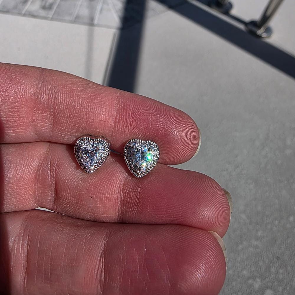 Customer photo review of Coraline 18k White Gold Plated Silver Heart Stud Earrings with Simulated Diamond Crystals