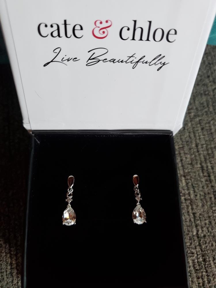 Customer photo review of Zoey 18K White Gold Drop Earrings with Swarovski Crystals — Final Sale