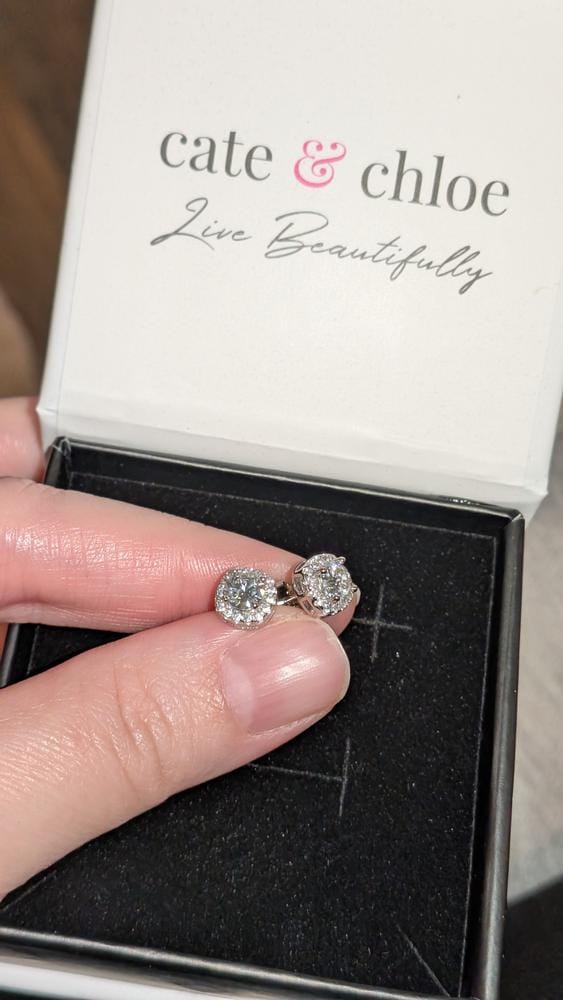 Customer photo review of Moissanite by Cate & Chloe Hannah 18k Gold Plated 925 Sterling Silver Stud Earrings 1.16tcw