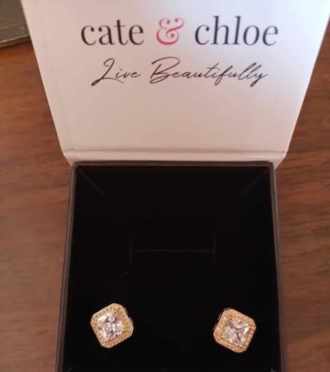 Customer photo review of Norah 18k White Gold Plated Princess Cut Halo Stud Earrings with Simulated Diamond Crystals