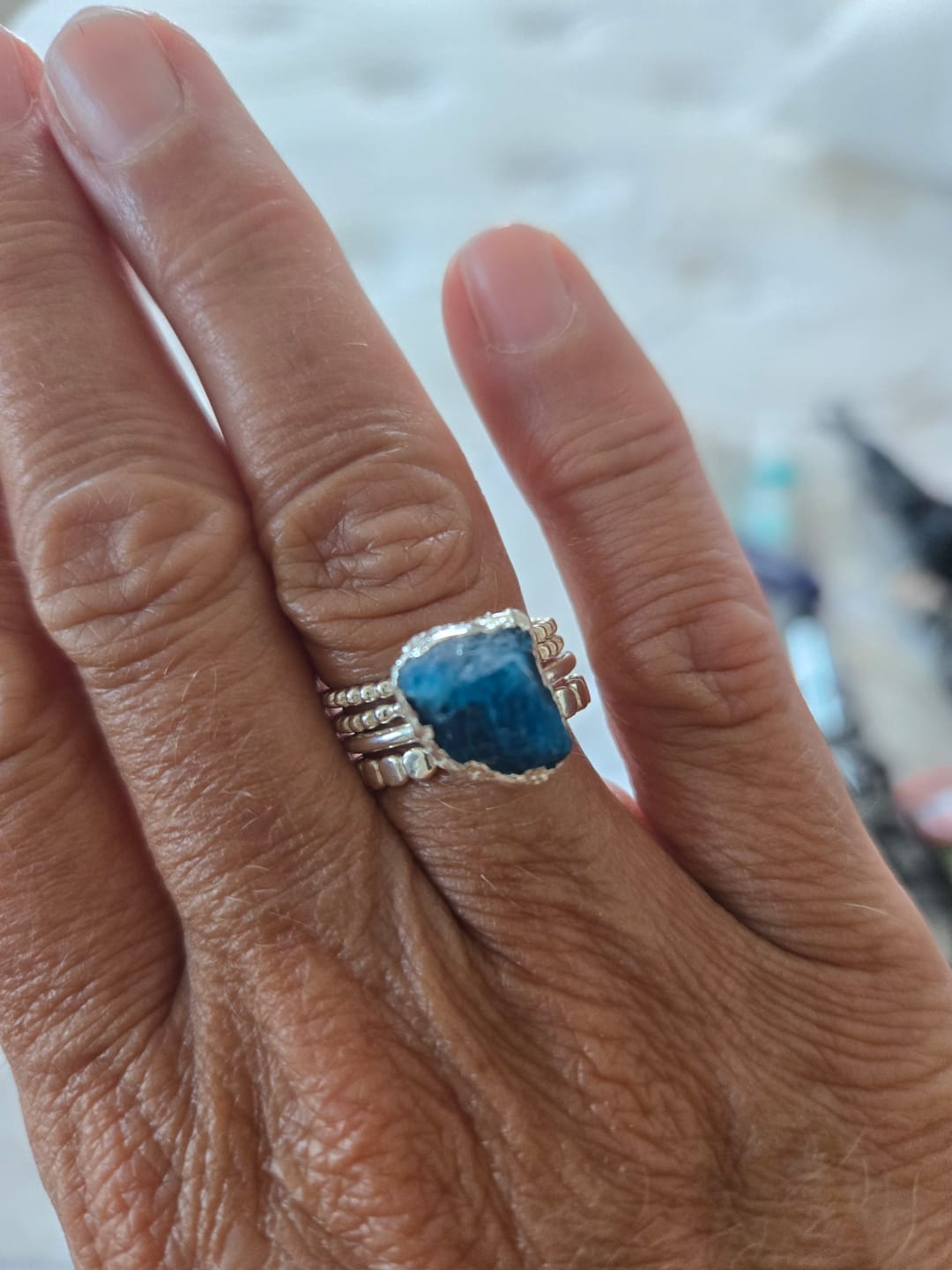 Customer photo review of Raw Apatite Silver Stacking Ring Set