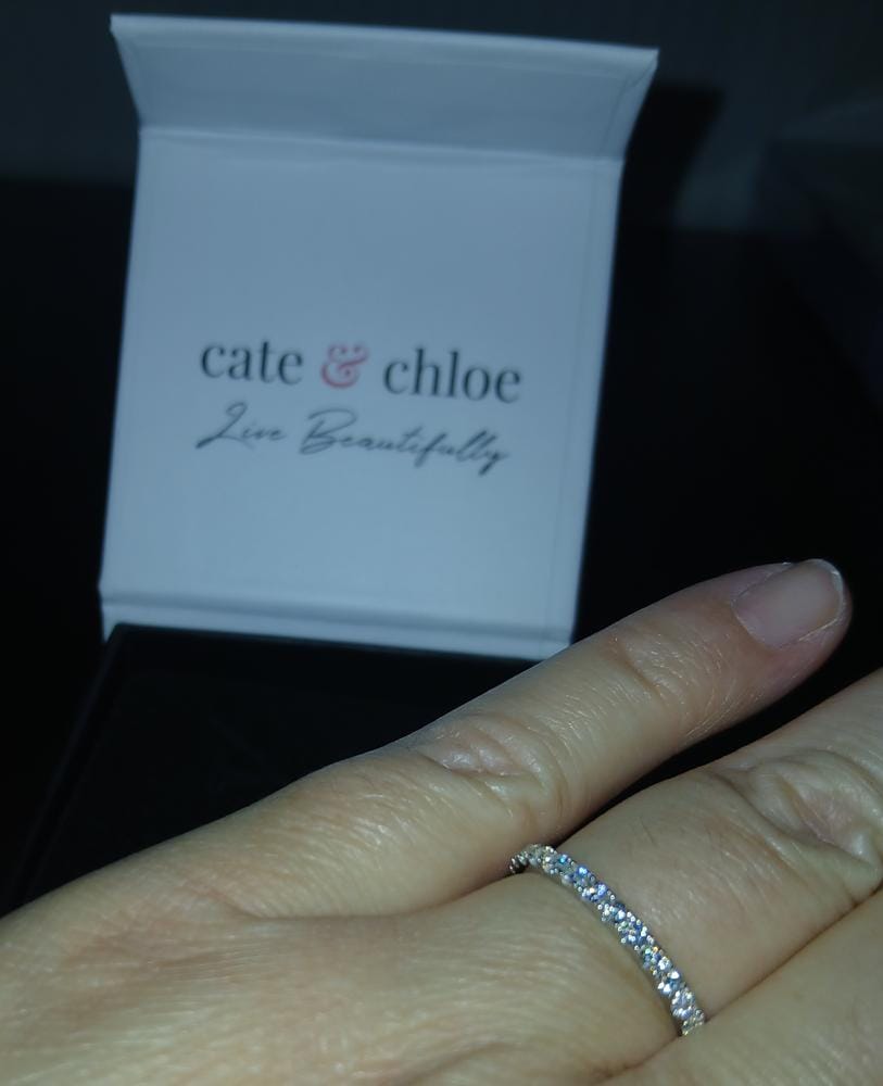 Customer photo review of Moissanite by Cate & Chloe Sadie 0.9tcw Round Cut 925 Sterling Silver 18k White Gold Plated Wedding Band