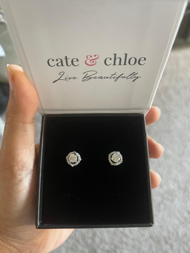 Customer photo review of Moissanite by Cate & Chloe Jemma 18k Gold Plated 925 Sterling Silver Stud Earrings 1.12tcw