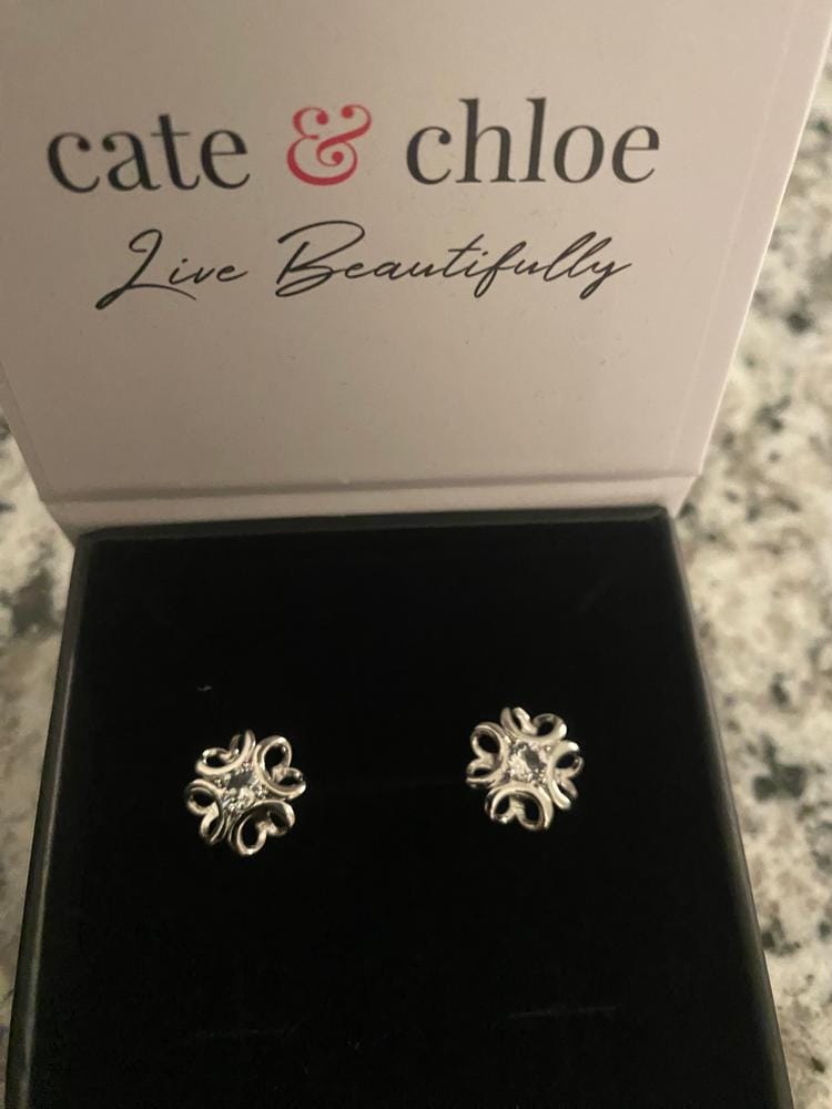 Customer photo review of Alexis 18k White Gold Plated Flower Stud Earrings with Swarovski Crystals