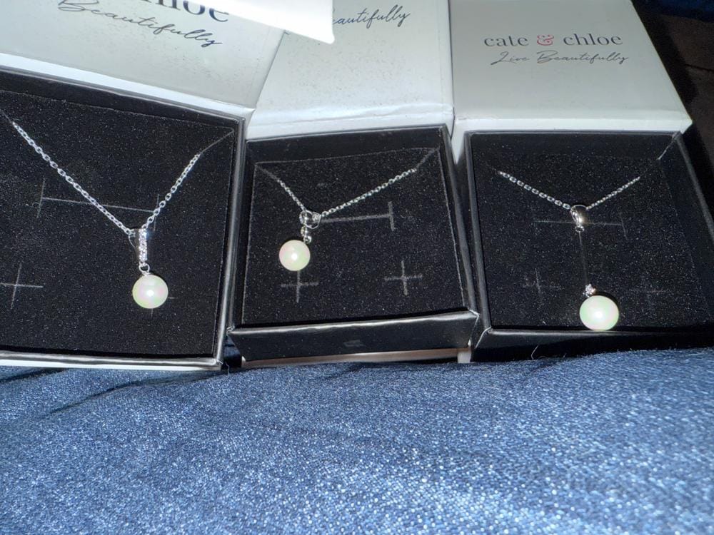 Customer photo review of Gabrielle 18k White Gold Pearl Drop Pendant Necklace with Swarovski Crystals