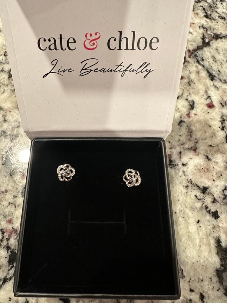 Customer photo review of Briella 18k White Gold Plated Silver Flower Stud Earrings with Swarovski Crystals