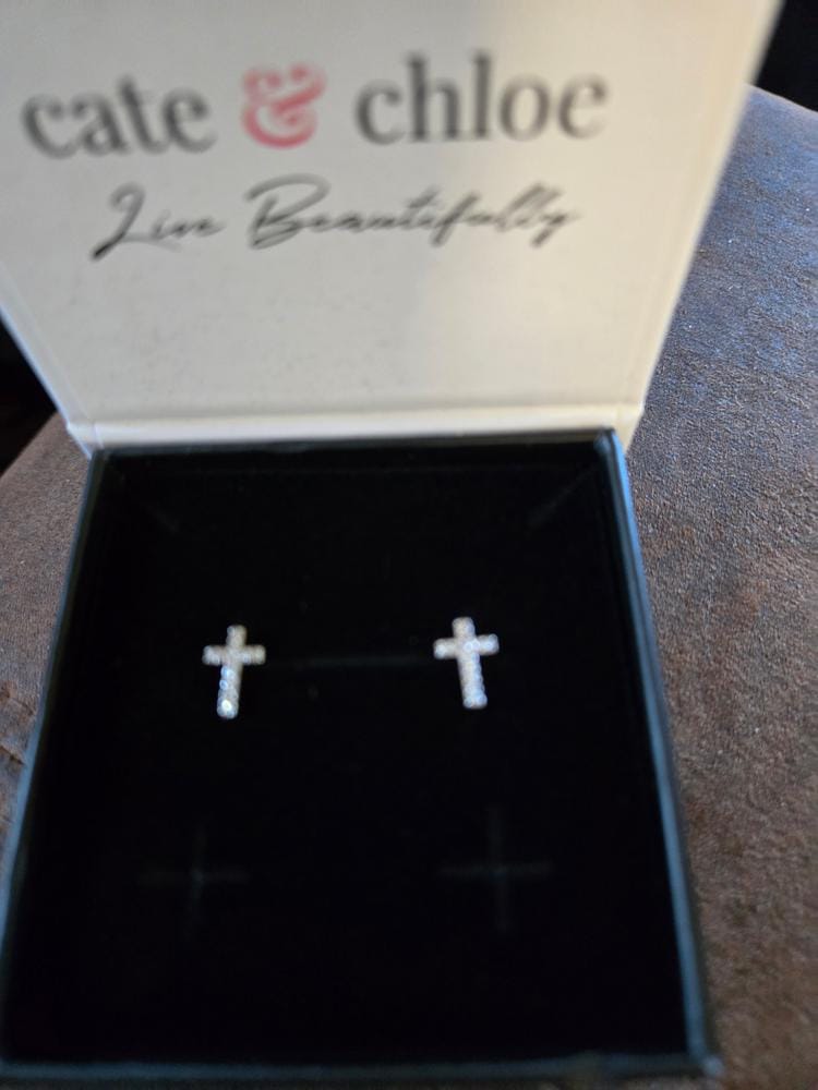 Customer photo review of Nayeli 18k White Gold Plated Silver Cross Stud Earrings with Swarovski Crystals