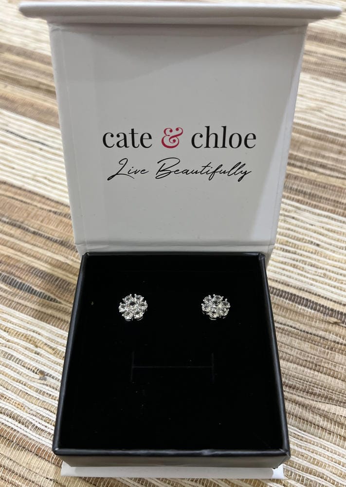 Customer photo review of Maggie 18k White Gold Plated Flower Stud Earrings with Swarovski Crystals