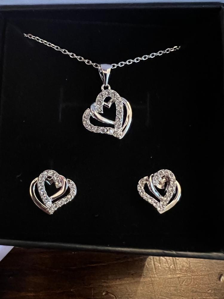 Customer photo review of Angela 18k White Gold Plated Double Heart Stud Earrings and Necklace Set with Swarovski Crystals