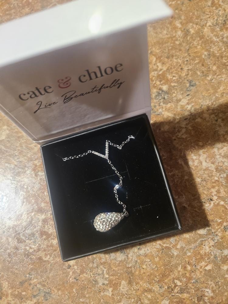 Customer photo review of Ava 18k White Gold Plated Tear drop Y-Necklace with Simulated Diamond Crystals - Final Sale