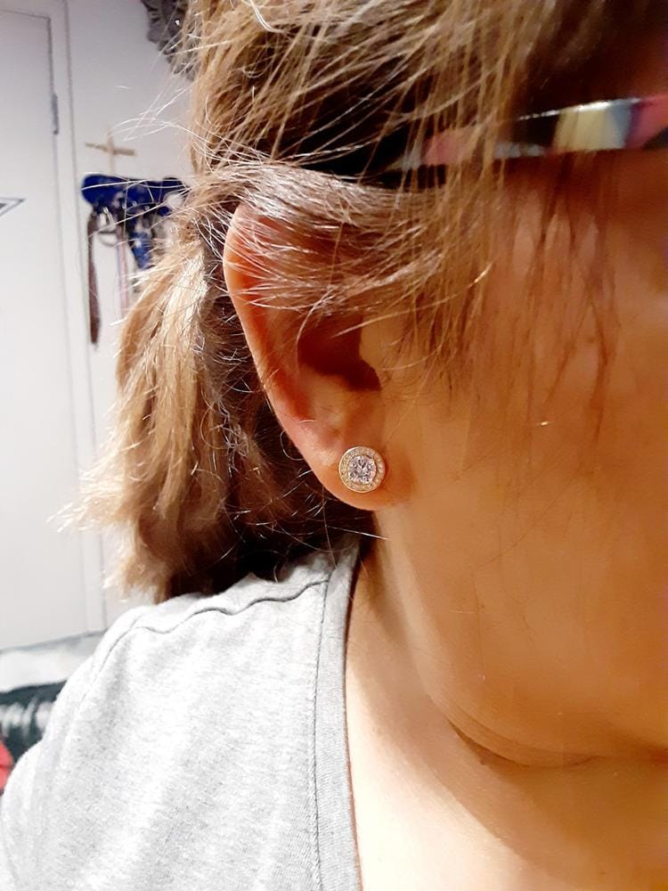 Customer photo review of Ariel 18k White Gold Plated Halo Stud Earrings with Simulated Diamond Crystals